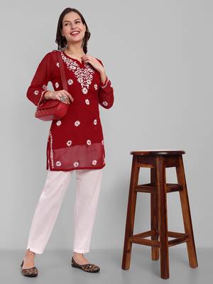 Hand Embroidered Red Georgette Lucknowi Chikankari Indian Women Straight Kurti With Slip 5