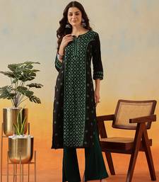 Hand Embroidered Black & Green Cotton Lucknow Chikankari Indian Women Straight Kurta