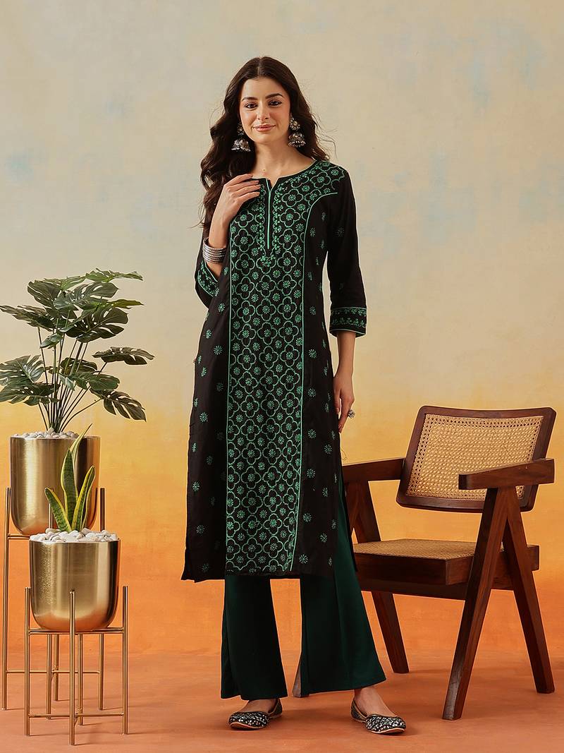 Hand Embroidered Black & Green Cotton Lucknow Chikankari Indian Women Straight Kurta