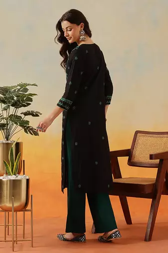 Hand Embroidered Black & Green Cotton Lucknow Chikankari Indian Women Straight Kurta