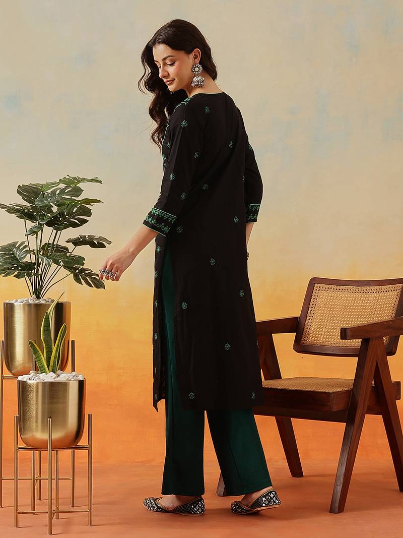 Hand Embroidered Black & Green Cotton Lucknow Chikankari Indian Women Straight Kurta