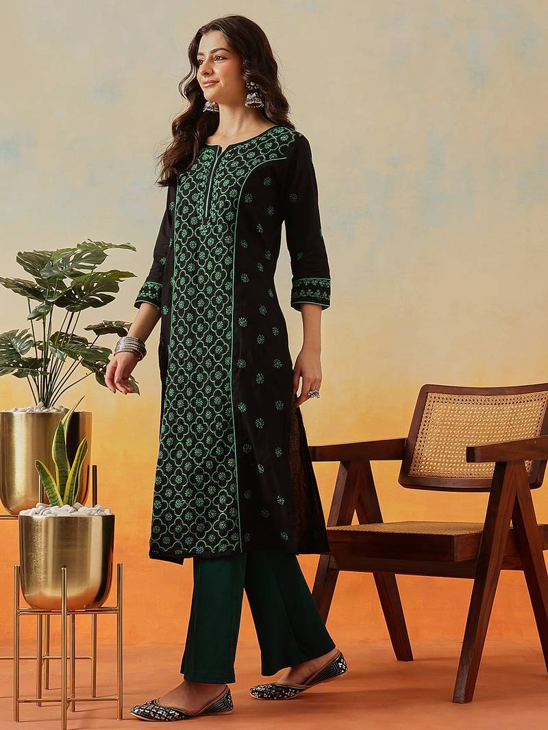 Hand Embroidered Black & Green Cotton Lucknow Chikankari Indian Women Straight Kurta