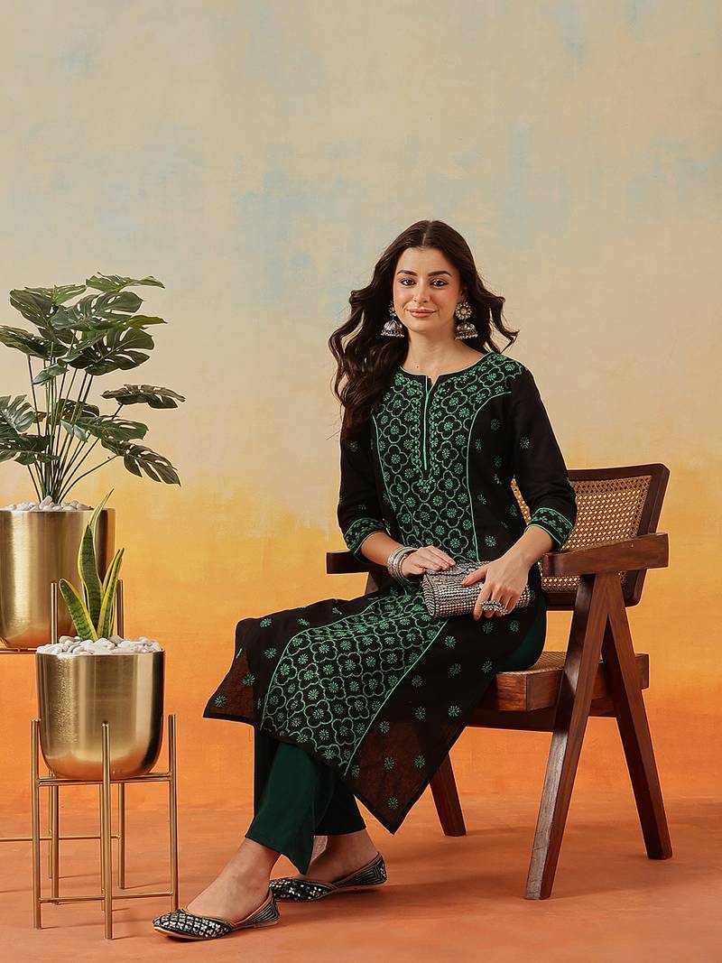 Hand Embroidered Black & Green Cotton Lucknow Chikankari Indian Women Straight Kurta