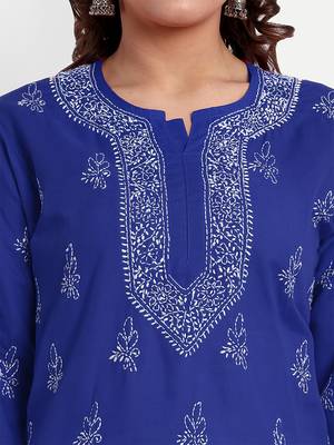 Hand Embroidered Royal Blue Cotton Lucknow Chikankari Indian Women Straight Kurti 2