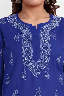 Hand Embroidered Royal Blue Cotton Lucknow Chikankari Indian Women Straight Kurti
