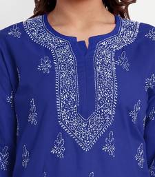 Hand Embroidered Royal Blue Cotton Lucknow Chikankari Indian Women Straight Kurti