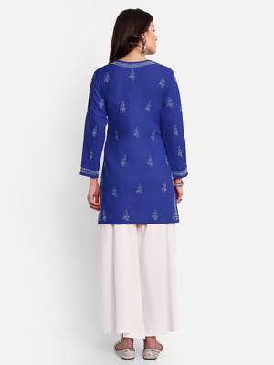 Hand Embroidered Royal Blue Cotton Lucknow Chikankari Indian Women Straight Kurti 3