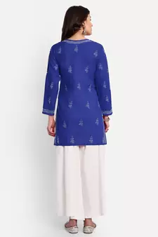 Hand Embroidered Royal Blue Cotton Lucknow Chikankari Indian Women Straight Kurti