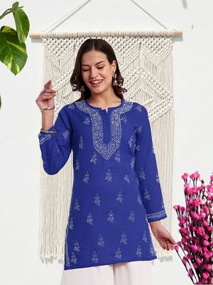 Hand Embroidered Royal Blue Cotton Lucknow Chikankari Indian Women Straight Kurti 1