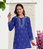 Hand Embroidered Royal Blue Cotton Lucknow Chikankari Indian Women Straight Kurti