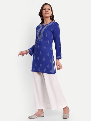 Hand Embroidered Royal Blue Cotton Lucknow Chikankari Indian Women Straight Kurti 4