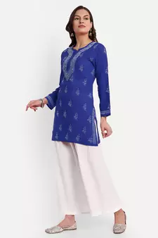 Hand Embroidered Royal Blue Cotton Lucknow Chikankari Indian Women Straight Kurti