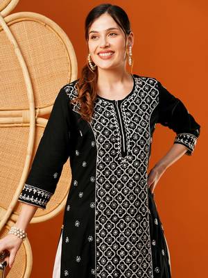 Hand Embroidered Black & White Cotton Lucknow Chikankari Indian Women Straight Kurta 7