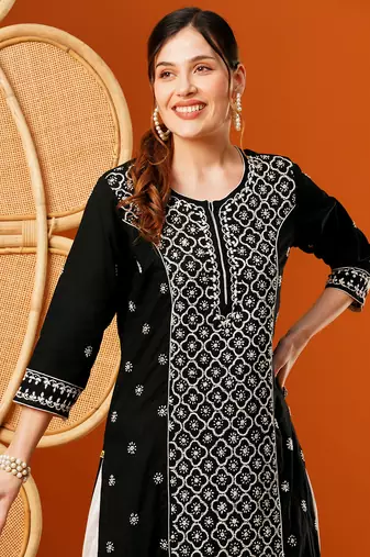 Hand Embroidered Black & White Cotton Lucknow Chikankari Indian Women Straight Kurta