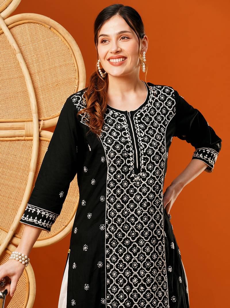 Hand Embroidered Black & White Cotton Lucknow Chikankari Indian Women Straight Kurta