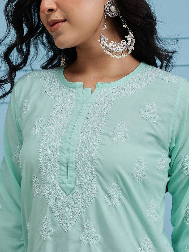 Hand Embroidered Sea Green Cotton Lucknowi Chikankari Indian Women Short Kurti