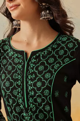Hand Embroidered Black & Green Cotton Lucknow Chikankari Indian Women Straight Kurta