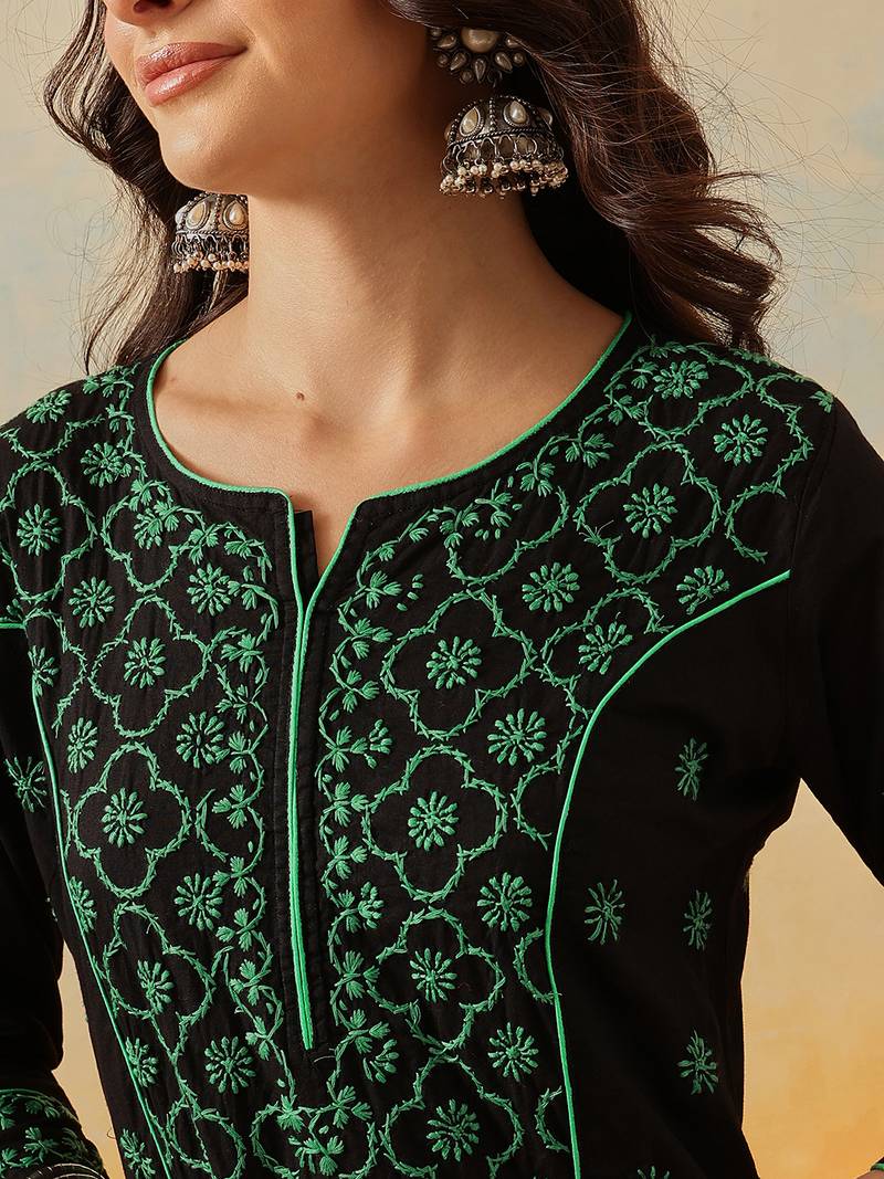 Hand Embroidered Black & Green Cotton Lucknow Chikankari Indian Women Straight Kurta