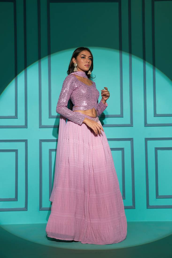 BABY PINK FABRIC PLITTING PATTERN WITH THREAD & SEQUINCE EMBROIDERED WORK GEORGETTE PLUS SIZE LEHENGA CHOLI WITH DUPATTA