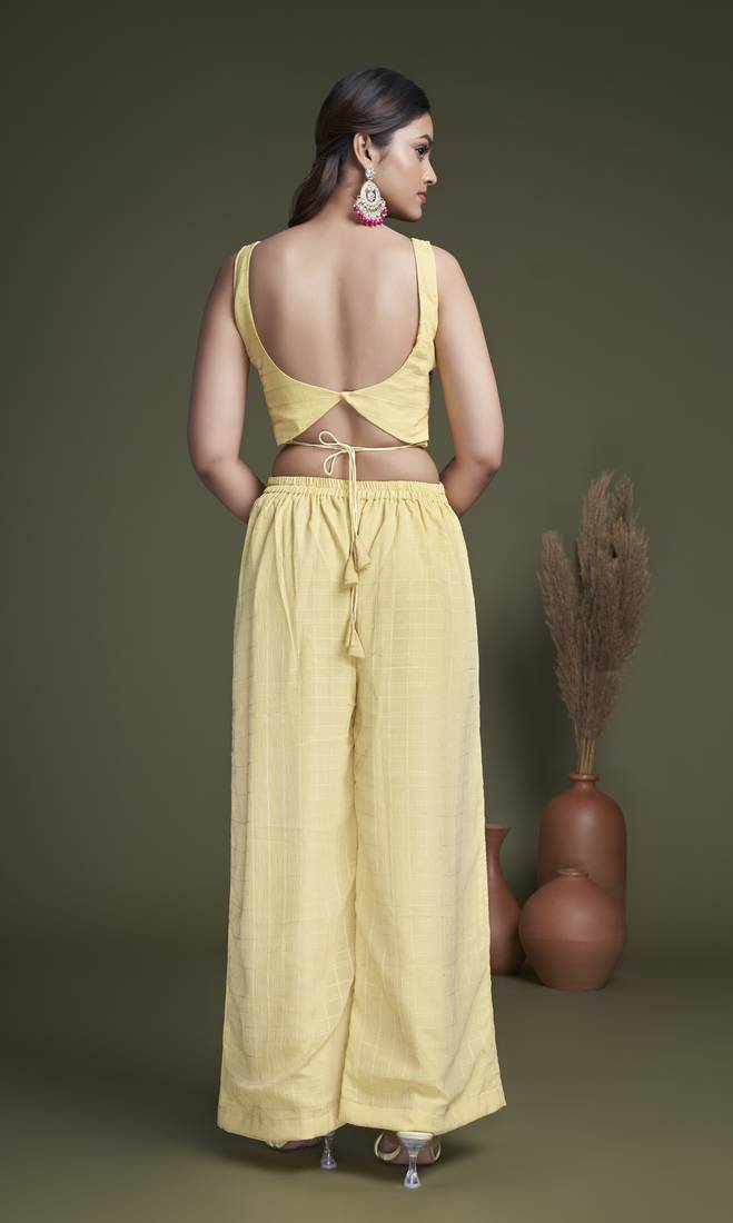 YELLOW EMBROIDERED WORK GEORGETTE LONG SHRUG-KOTI BLOUSE & PLAZZO STITCHED