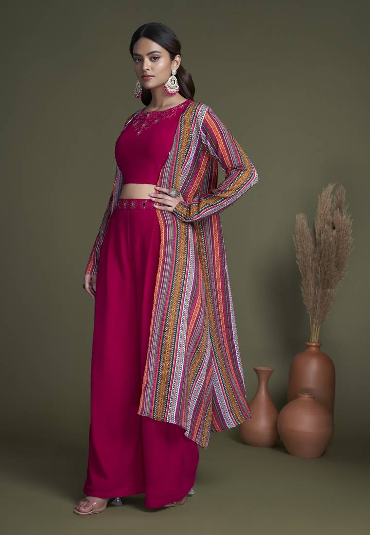 RANI PINK EMBROIDERED WORK GEORGETTE & CHINON CHIFFON LONG SHRUG-KOTI BLOUSE & PLAZZO STITCHED
