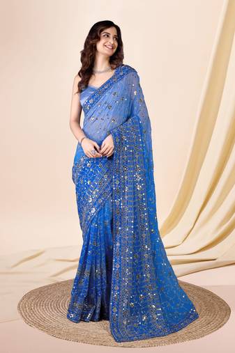 Georgette Heavy Embroidered Sky Blue Saree