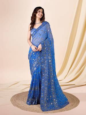 Trendmalls Georgette Heavy Embroidered Sky Blue Saree 1