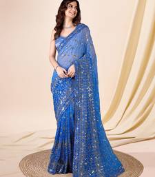 Trendmalls Georgette Heavy Embroidered Sky Blue Saree