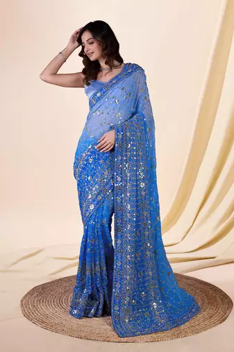 Trendmalls Georgette Heavy Embroidered Sky Blue Saree