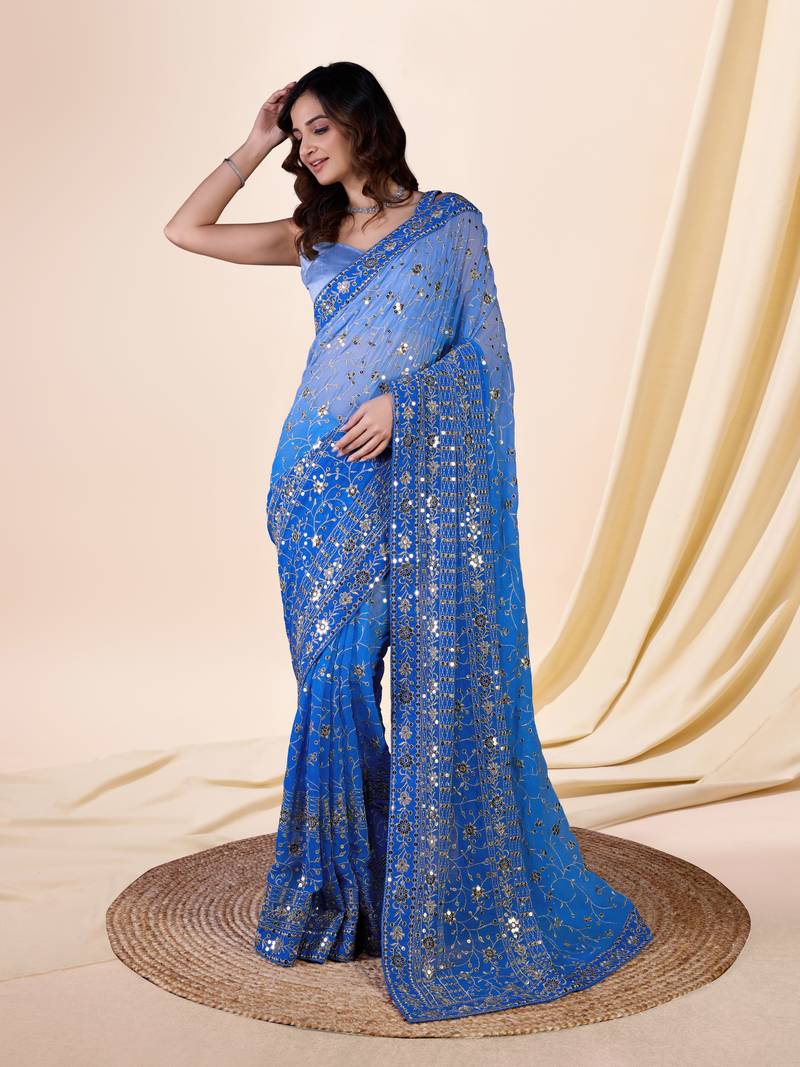 Georgette Heavy Embroidered Sky Blue Saree