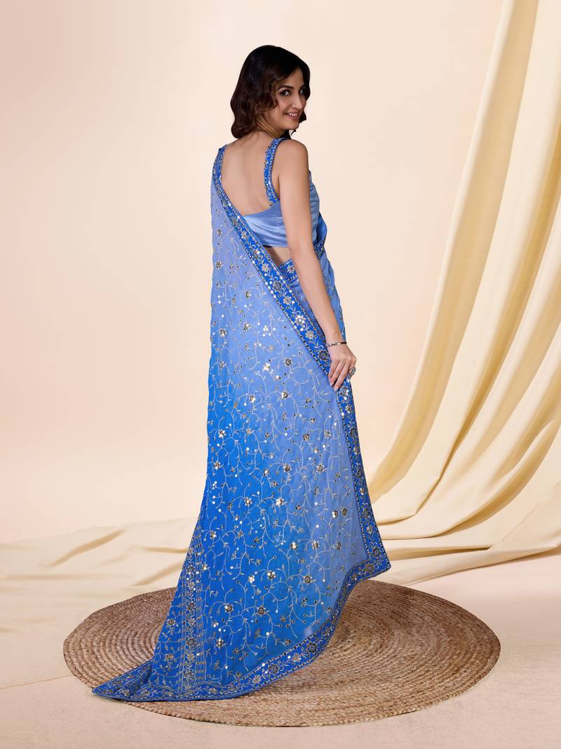 Georgette Heavy Embroidered Sky Blue Saree