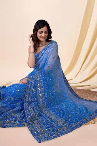 Trendmalls Georgette Heavy Embroidered Sky Blue Saree