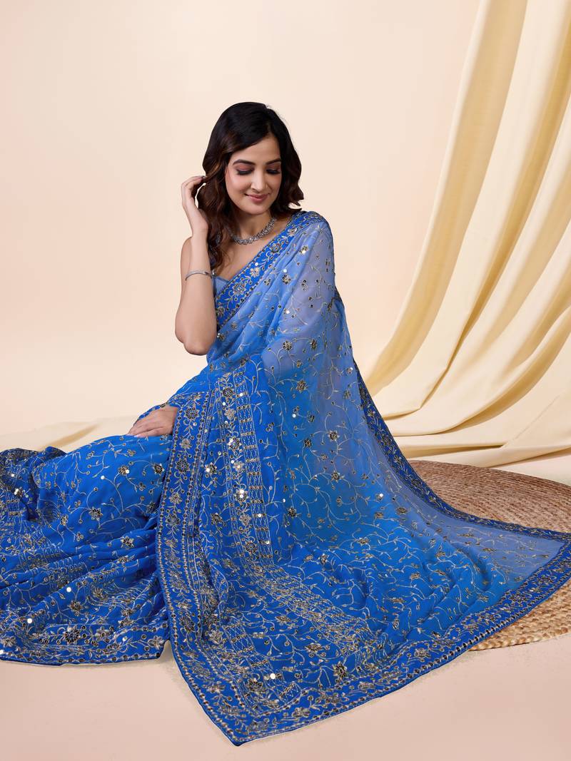 Georgette Heavy Embroidered Sky Blue Saree