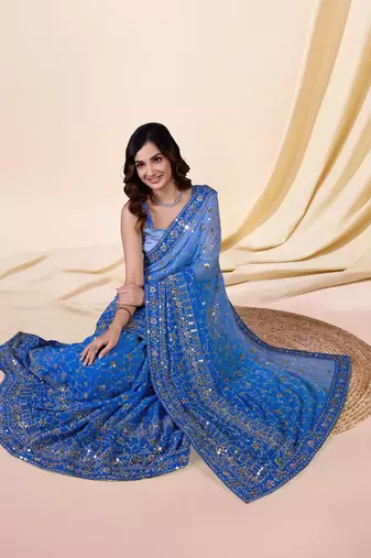 Trendmalls Georgette Heavy Embroidered Sky Blue Saree