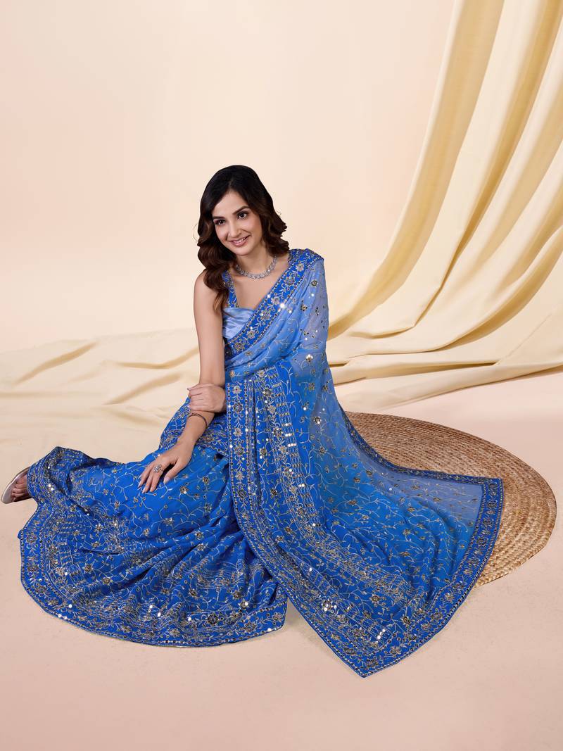 Georgette Heavy Embroidered Sky Blue Saree