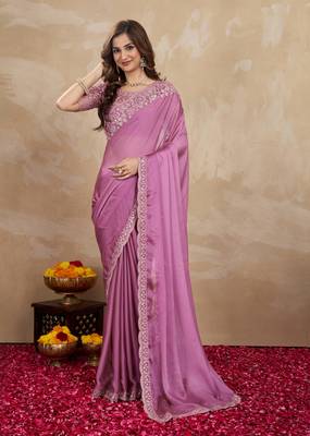 Trendmalls Lilac Art Silk Floral Thread Embroidered Saree with Unstitched Blouse piece 1