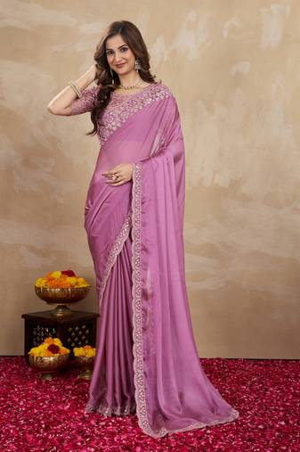 Lilac Art Silk Floral Thread Embroidered Saree with Unstitched Blouse piece