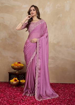 Trendmalls Lilac Art Silk Floral Thread Embroidered Saree with Unstitched Blouse piece 2