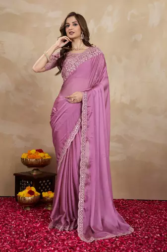 Trendmalls Lilac Art Silk Floral Thread Embroidered Saree with Unstitched Blouse piece