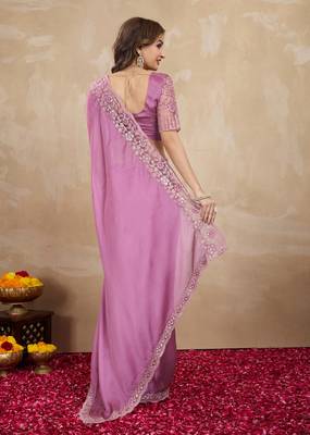 Trendmalls Lilac Art Silk Floral Thread Embroidered Saree with Unstitched Blouse piece 3