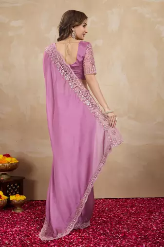 Trendmalls Lilac Art Silk Floral Thread Embroidered Saree with Unstitched Blouse piece