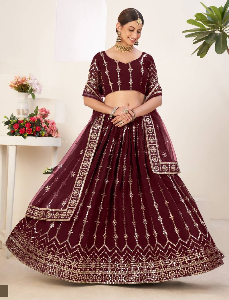 Mesmerizing Maroon embroidered georgette & net fabric lehenga choli for bride