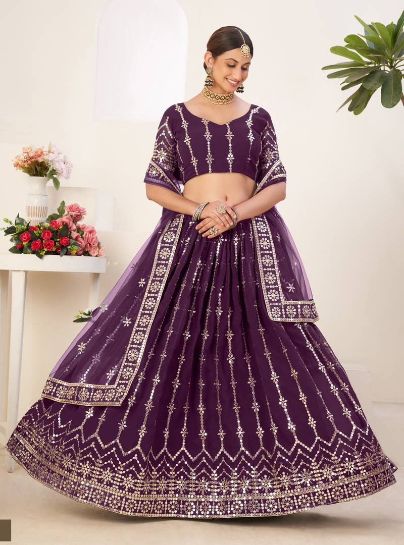 Adorable Wine Embroidered Georgette & Net Semi stitched Lehenga