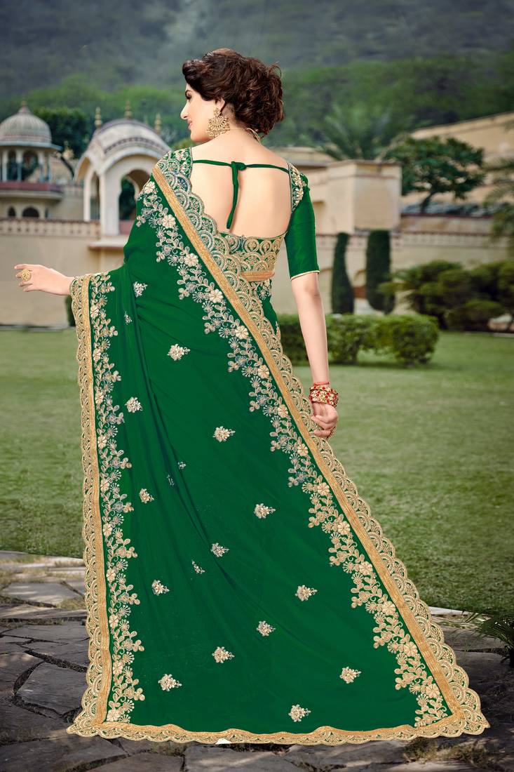 Trendmalls Dark Green  Silk Heavy Embroidery Work Party Wear Saree With Blouse