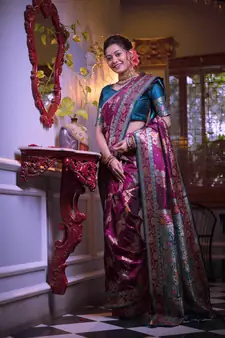 Purple woven banarasi silk saree with blouse