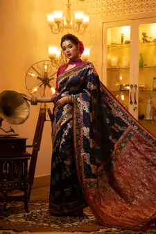 Navy blue woven banarasi silk saree with blouse