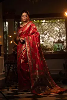 Red woven banarasi silk saree with blouse