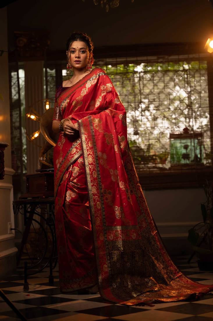 Red woven banarasi silk saree with blouse