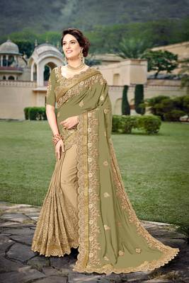 Trendmalls Mehendi  Silk Heavy Embroidery Work Party Wear Saree With Blouse 1