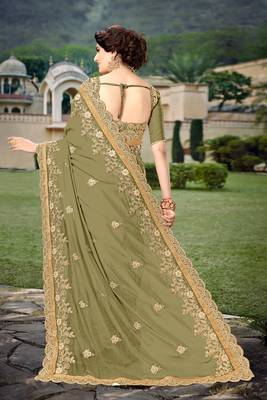 Trendmalls Mehendi  Silk Heavy Embroidery Work Party Wear Saree With Blouse 2